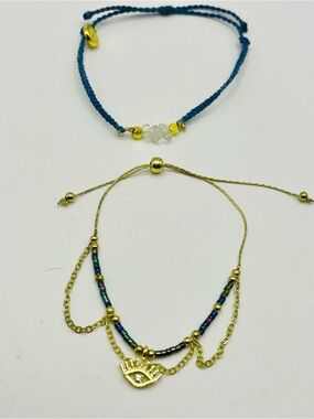 Gold Tone Evil Eye Drawstring & Pure Vida Blue Cord Clear Crystas Bracelet Set